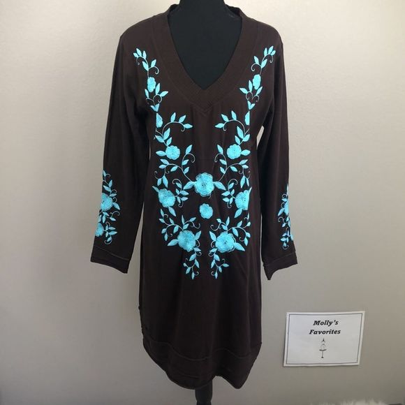 Resistol Dresses & Skirts - RU Cowgirl Deep Brown Floral Turquoise Embroidered Long Sleeve V-neck Midi Dress